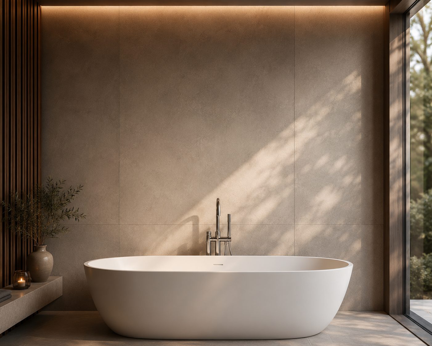Modern bathroom tiled in light grey porcelain