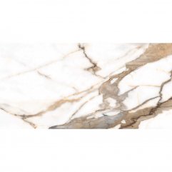 Detailed close-up of Calacutta Aurous porcelain tile showing intricate gold and grey marble veining.